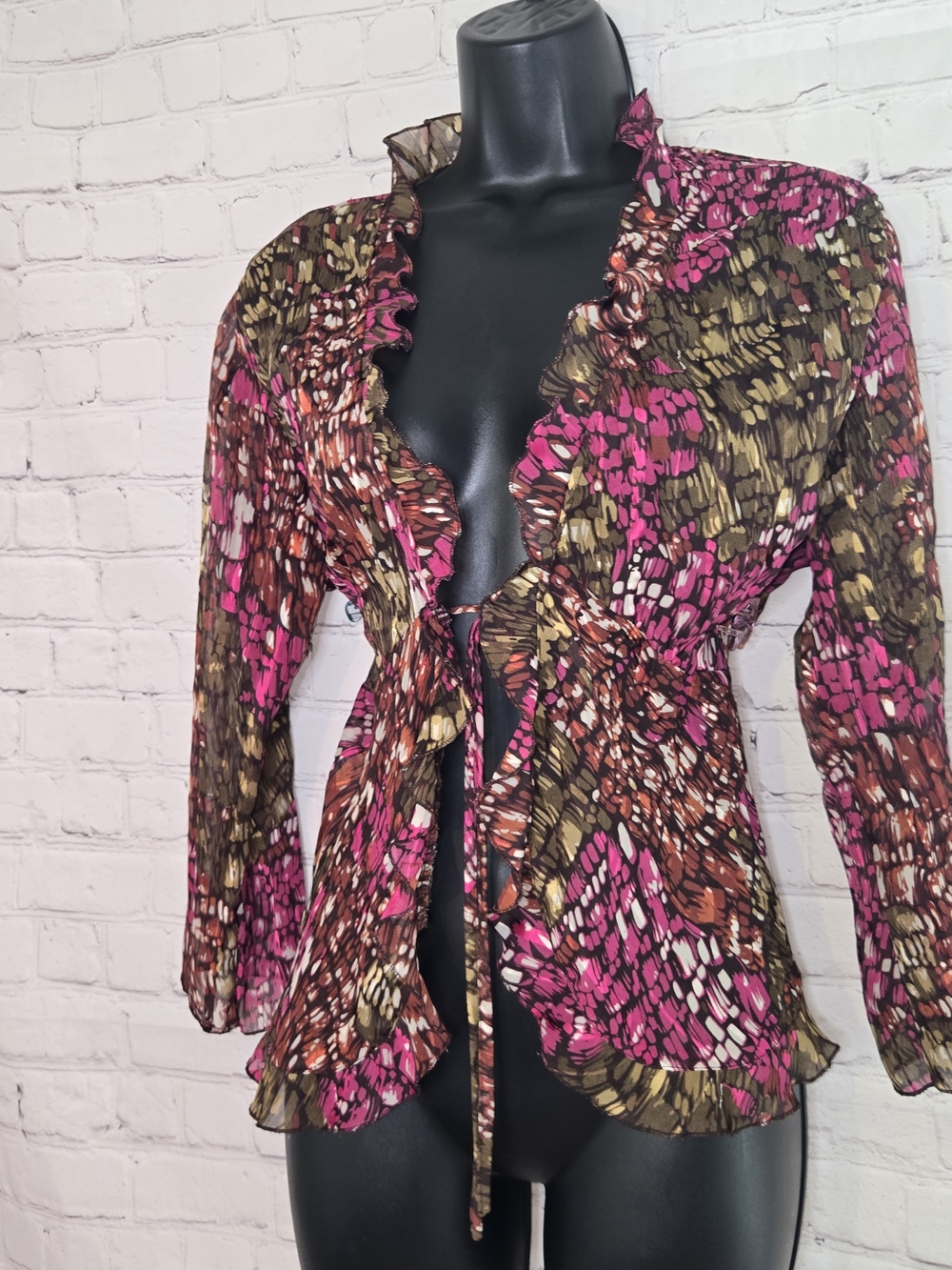 Ruffled  Open Tie-Front Blouse in Pink & Olive Abstract Print Fairy Kim Rogers M